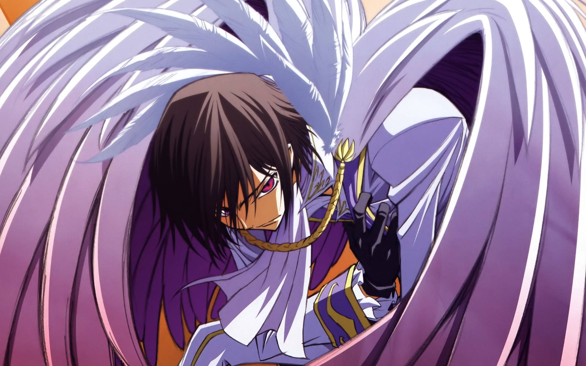 天使Lelouch Lamperouge 壁紙 — 一個黑髮紅眼的動漫角色在旋轉的紫色和白色羽毛中抓住繩索。