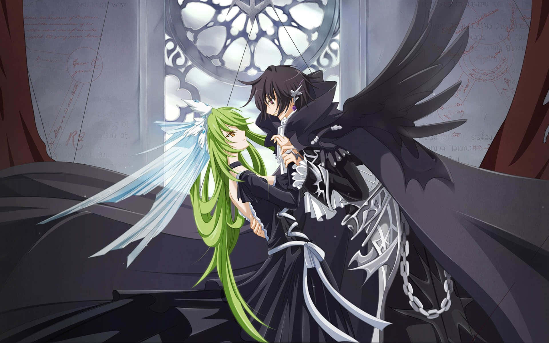Lelouch——正義的守護者 壁紙 — 一位綠髮天使，擁有半透明翅膀，在彩色玻璃窗前擁抱著一位穿著華麗哥德式服裝的暗翼人物。