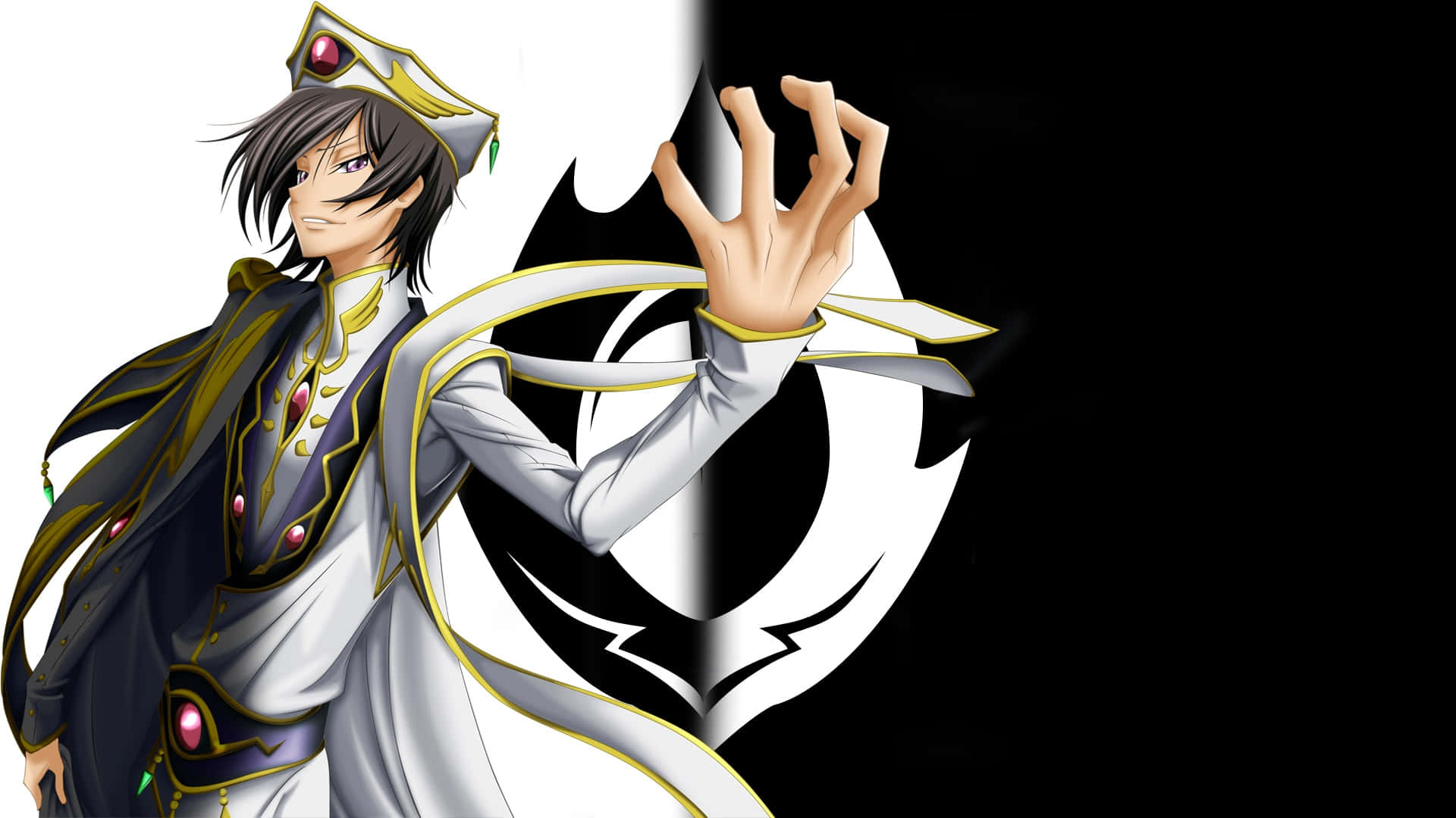 Lelouch與C.C.——《Code Geass》動畫的雙主角 壁紙 — 動畫角色身穿華麗黑白長袍，飾有金色滾邊和紅色寶石，在黑白背景下伸出手。