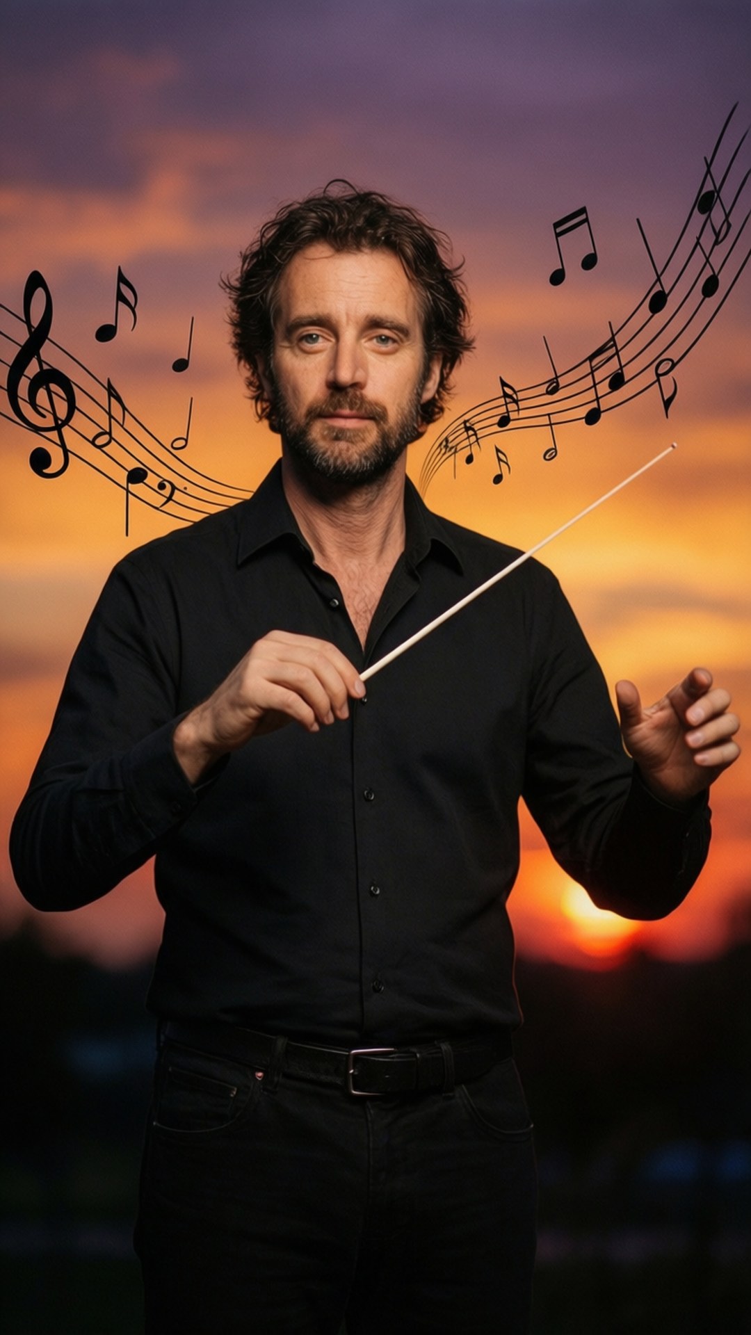 Leo the Conductor 壁紙 — 一位身穿黑色恤衫的指揮家，在充滿活力的日落天空下揮舞指揮棒，周圍漂浮著音符。
