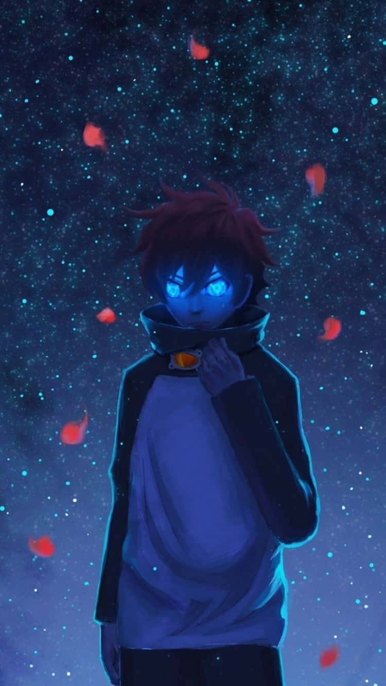 動畫《血界戰線》中 Leonardo Watch 的酷炫壁紙 壁紙 — 一個年輕的動漫男孩，擁有發光的藍色眼睛和紅色頭髮，站在繁星點點的夜空下，紅色花瓣在他周圍飄落。