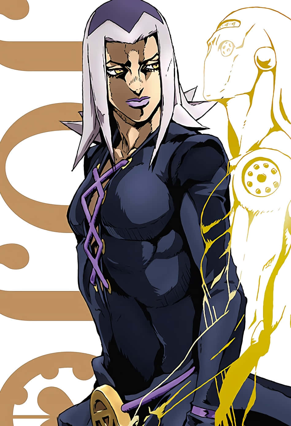 Leone Abbacchio 與他的替身 Moody Blues 姿態自信 壁紙 — 一個兇猛的動漫角色，白髮帶紫色點綴，自信地站在一個發光的金色人形身影旁。