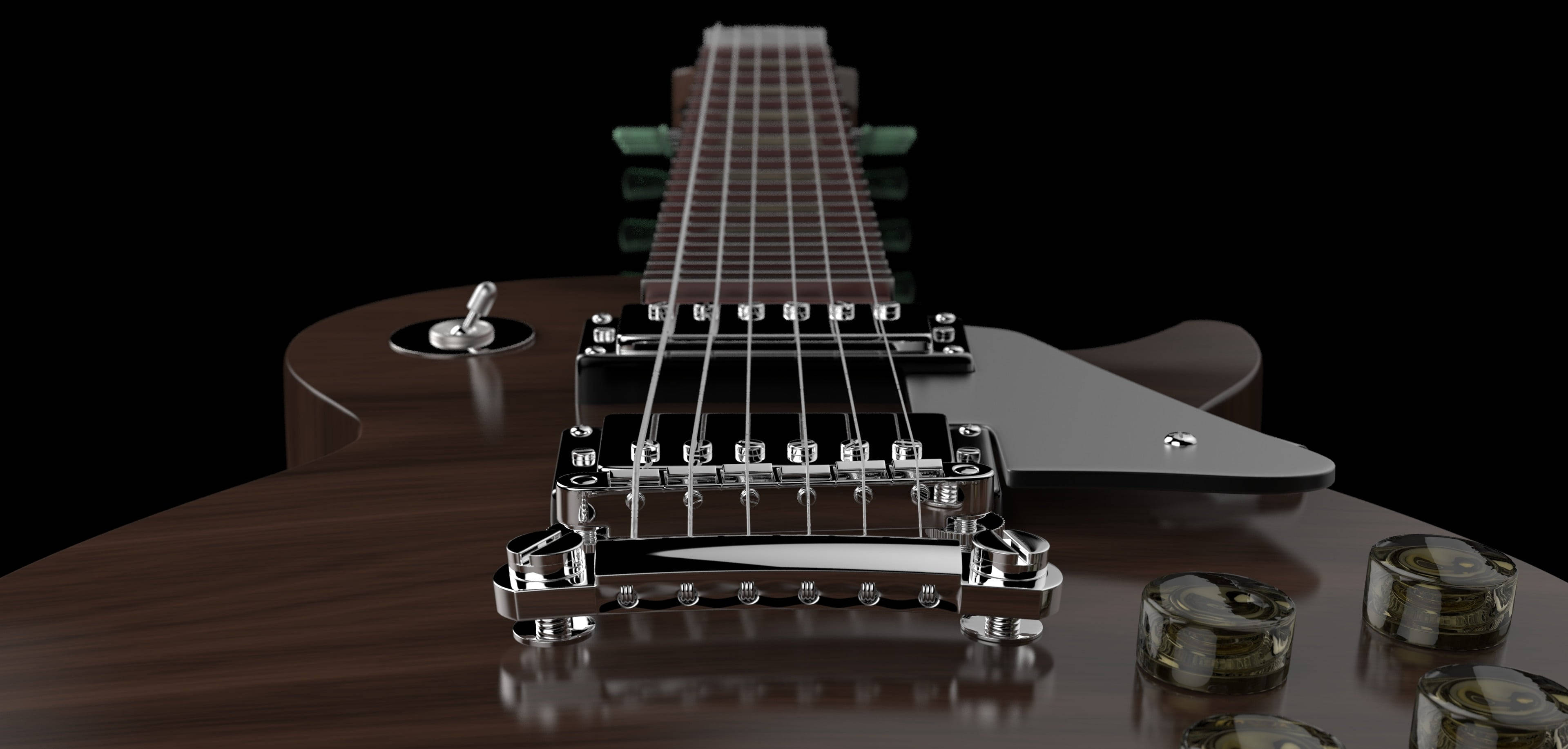 Les Paul 電力吉他 壁紙 — 黑色背景上深色木電結他配鍍鉻硬件的特寫。