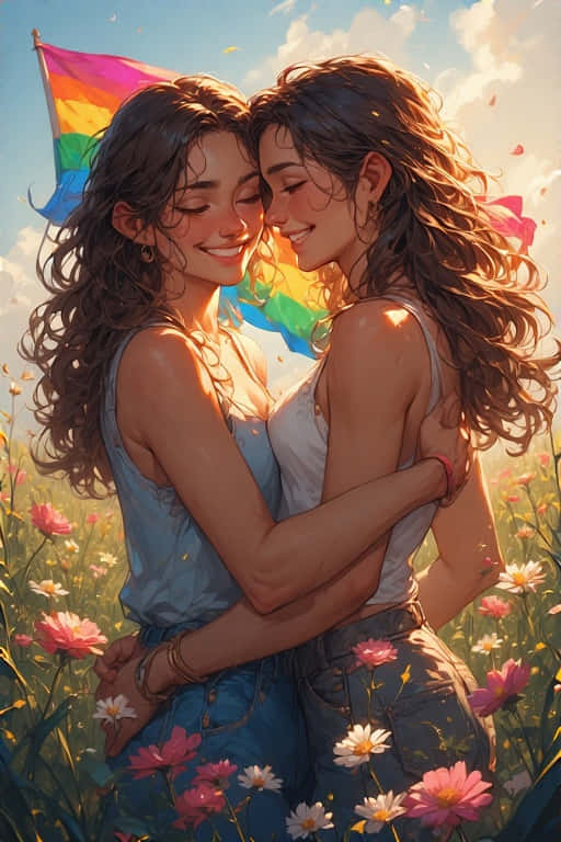 Lesbian Couple Embracing with Pride Flag – Joyful 4K 壁紙 — 兩位女士在陽光普照的粉紅和白色花田中熱情擁抱，身後飄揚著彩虹旗。