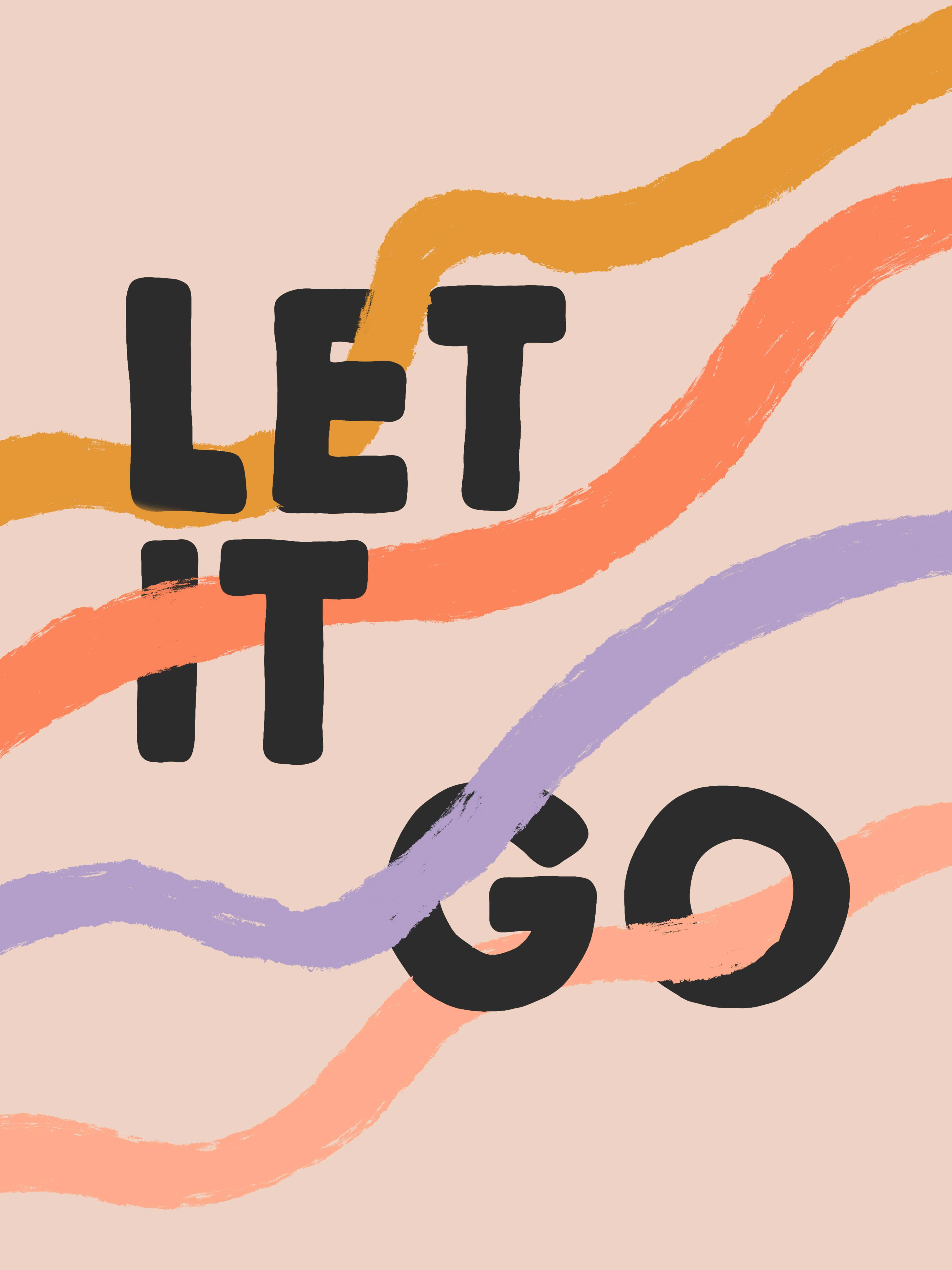 Let It Go 彩色波浪線 壁紙 — 粗體黑色文字 'LET IT GO' 在柔和的米色背景上，流動於充滿活力的橙色、粉紅色和紫色筆觸波浪之間。