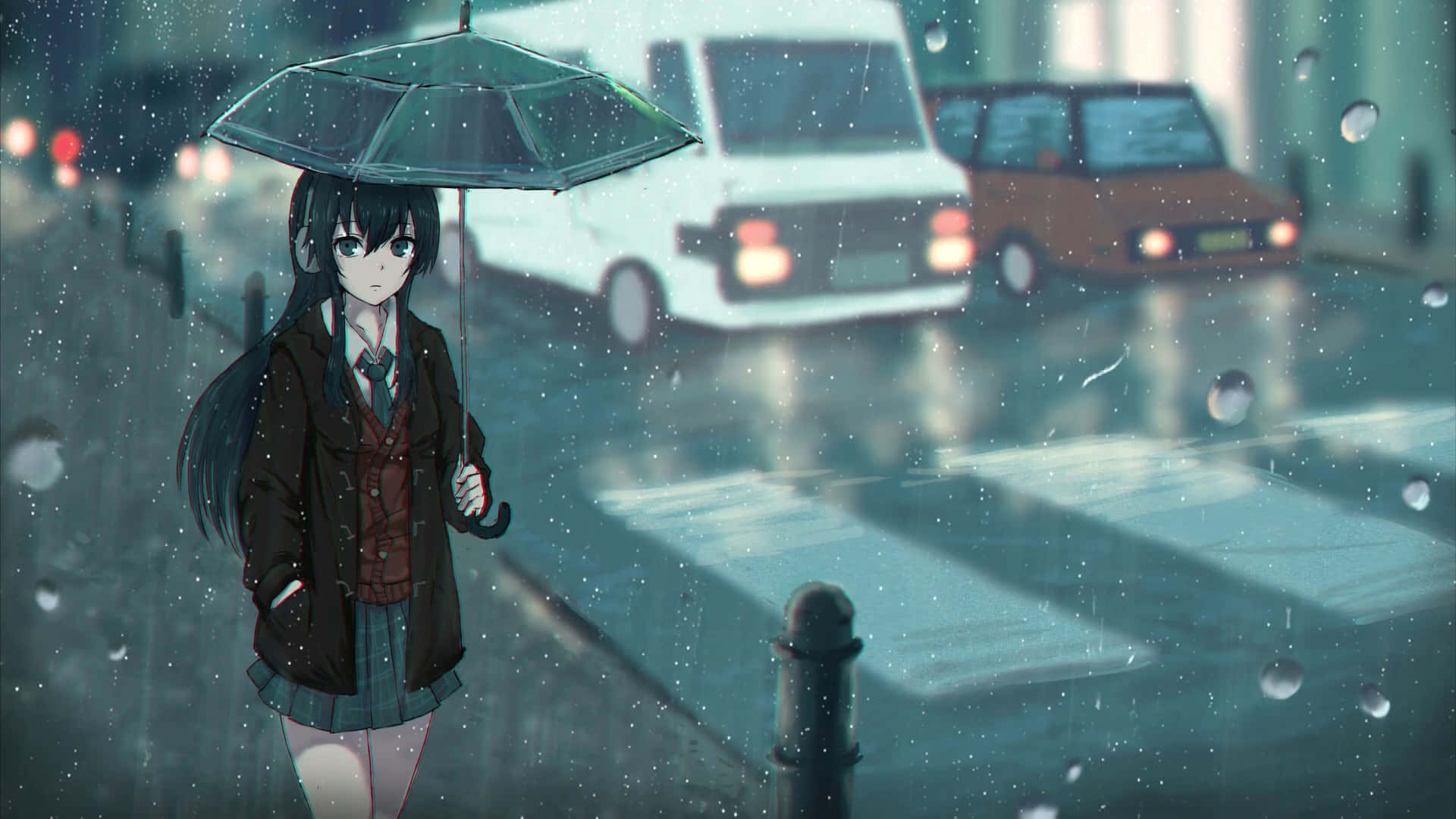 穿著校服的動漫女孩在雨中的城市街道上撐著綠色雨傘。