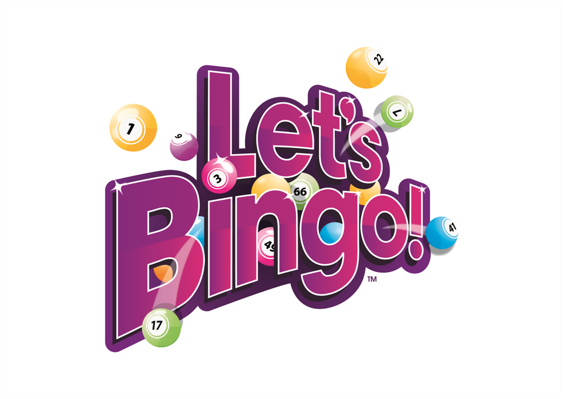 Let's Bingo遊戲標誌 壁紙 — 鮮豔的紫色3D文字顯示「Let's Bingo」，周圍環繞著彩色編號的賓果球，背景為灰色。