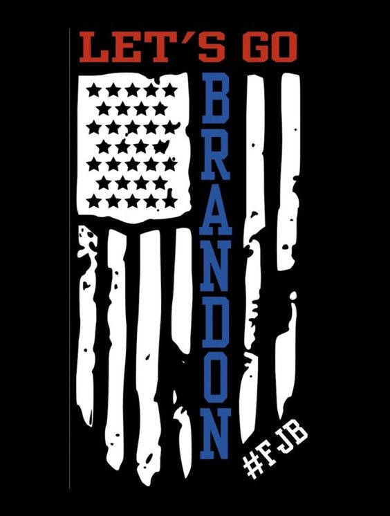 破舊的美國國旗圖案，帶有文字 LET'S GO BRANDON 和標籤 #FJB。