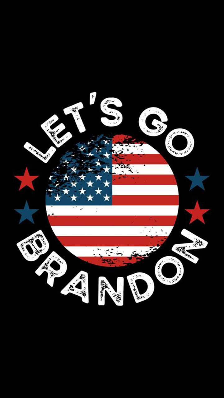 破舊的美國國旗，帶有「LET'S GO BRANDON」文字和星星，黑色背景。