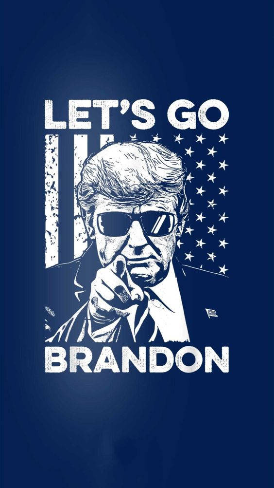 戴太陽眼鏡的男人指向前方的圖形插圖，帶有 LET'S GO BRANDON 文字和美國國旗設計。