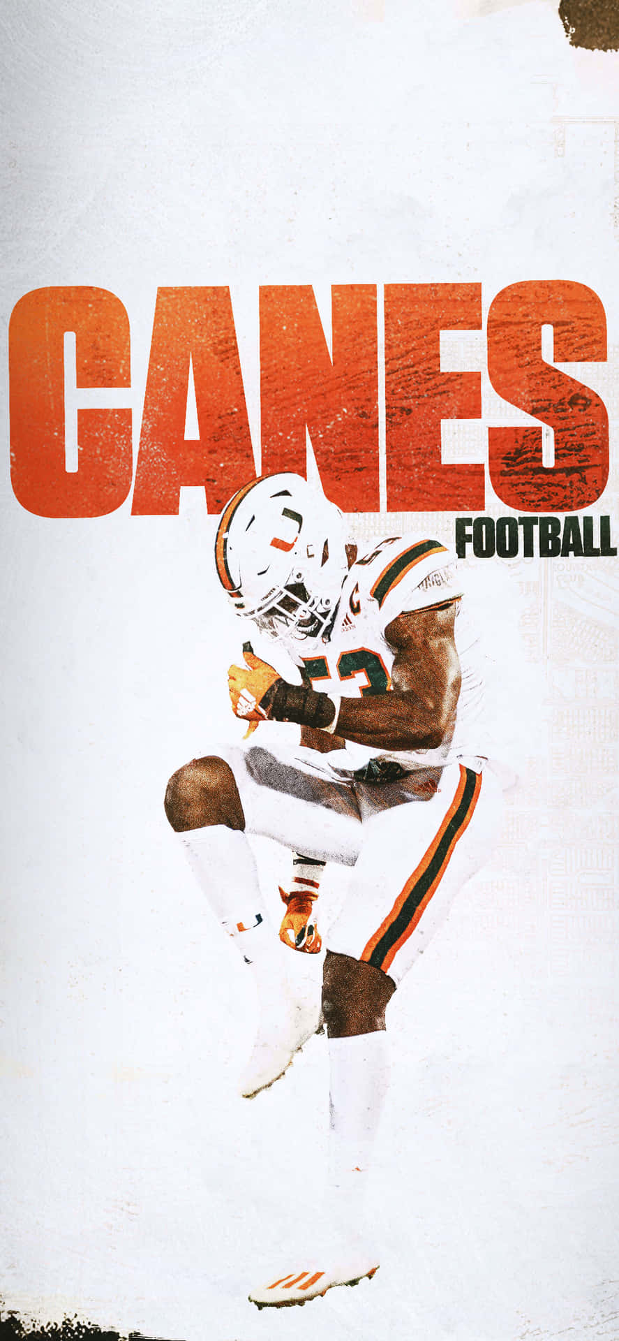 身穿白色和橙色球衣的足球員跳起，手持足球，附有「CANES FOOTBALL」字樣。