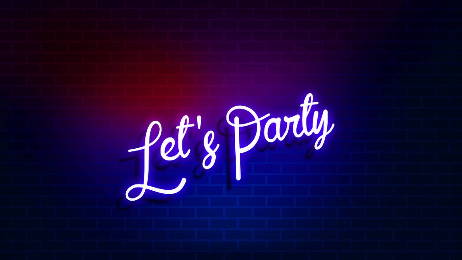 Let’s Party霓虹背景 壁紙 — 一個發光的霓虹燈牌寫著 Let's Party，在黑暗的磚牆上投射出鮮豔的藍色和紅色光芒。