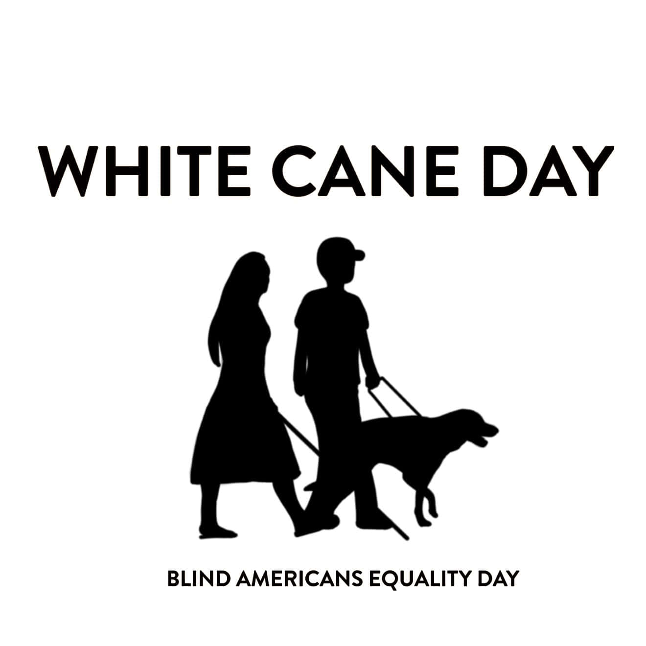  壁紙 — 兩個人和一隻導盲犬在慶祝白杖日的粗體文字下一同行走的剪影。