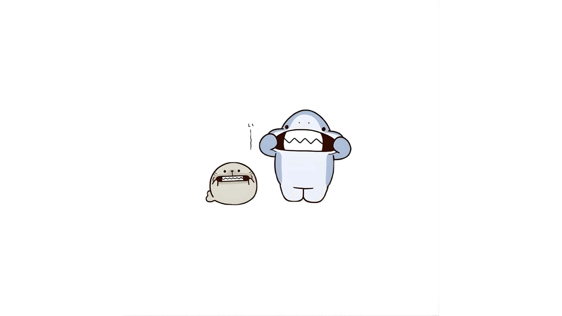  壁紙 — 兩隻可愛的卡通鯊魚，張開大嘴微笑，細小的手臂，並排站在純白色背景前。
