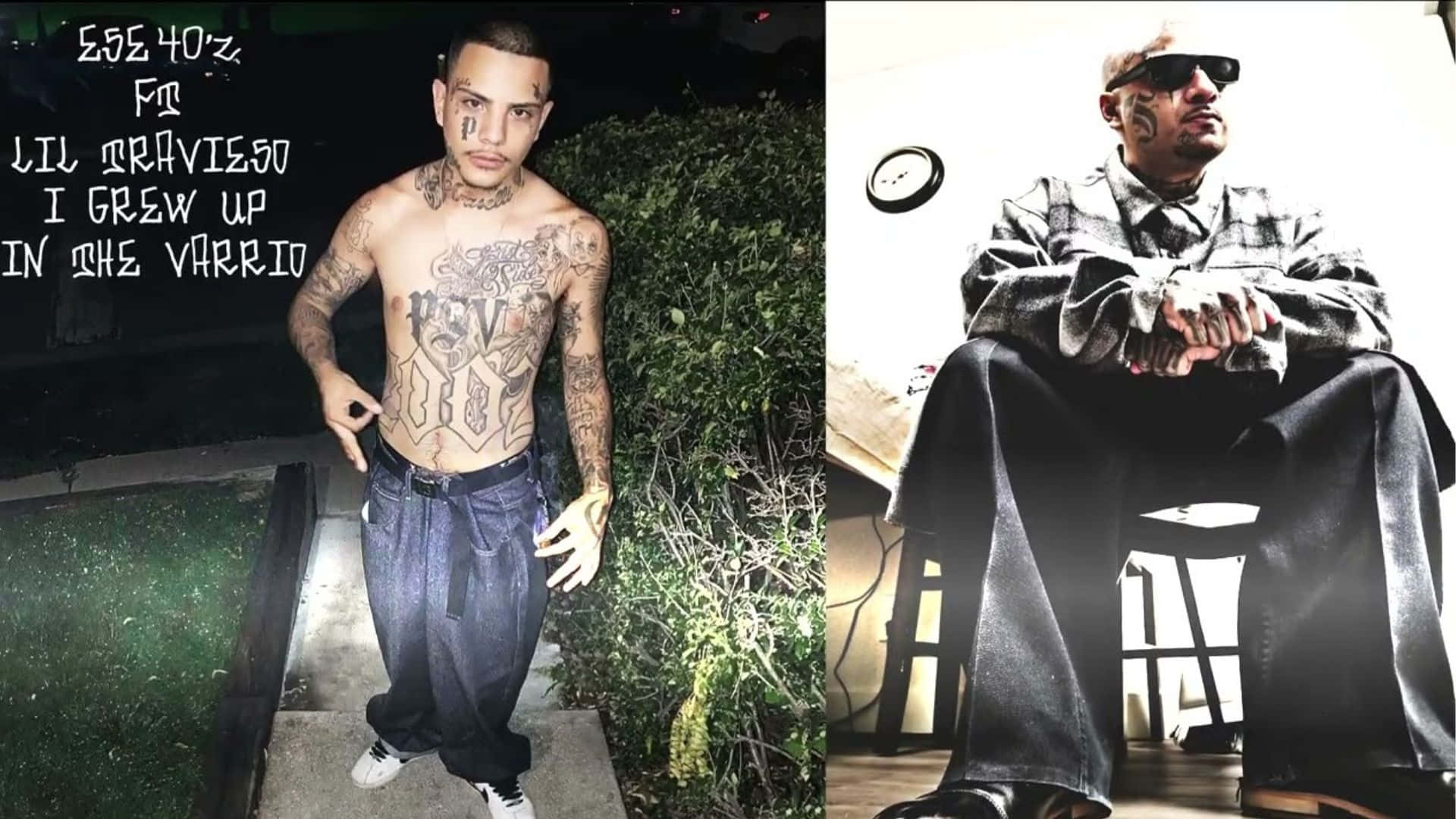  壁紙 — 兩張紋身男子的照片，一張夜晚在戶外站立，另一張在室內高對比燈光下坐著。