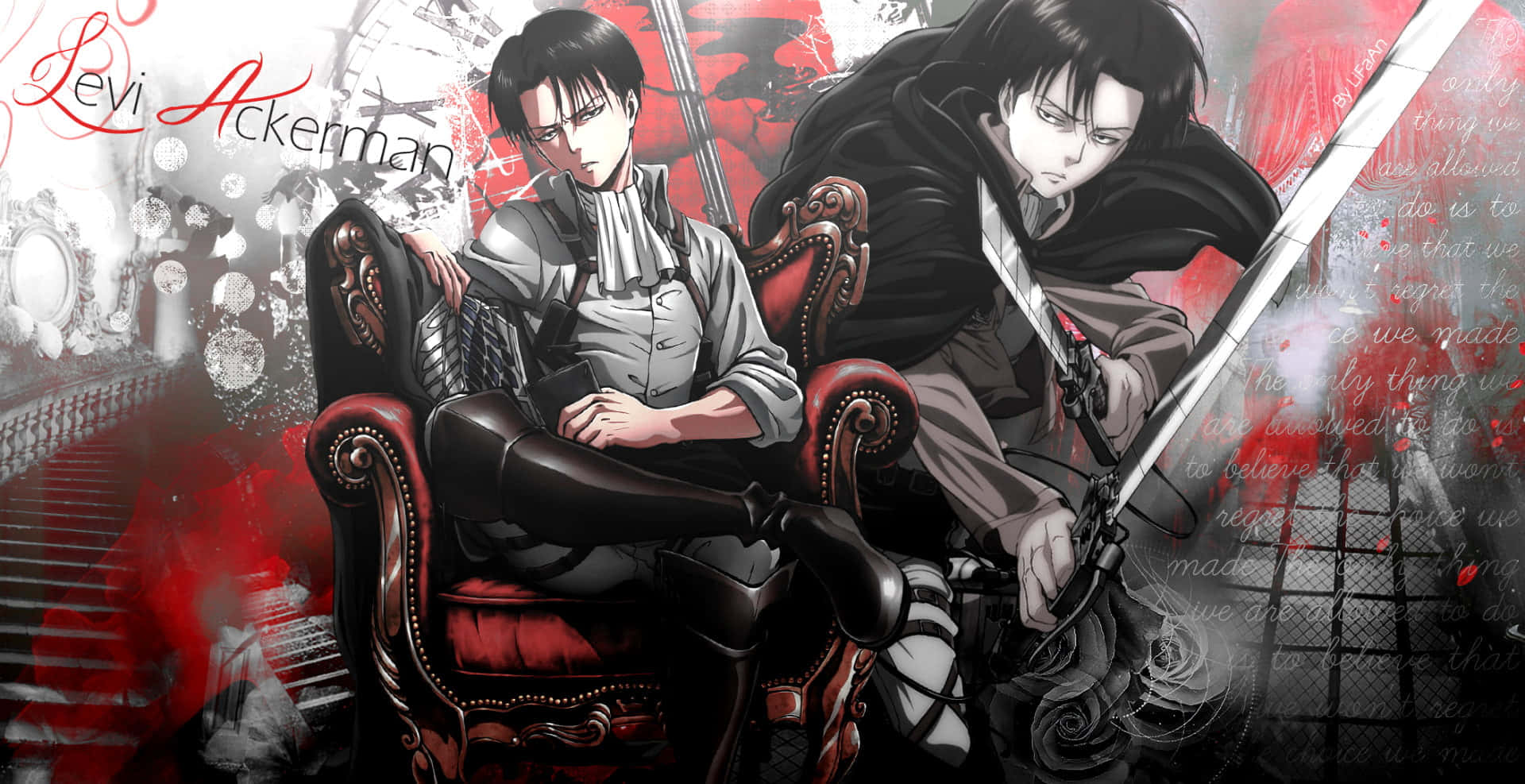 Attack On Titan Poster 桌布 壁紙 — Levi Ackerman 威嚴地坐在紅色椅子上，旁邊站著一位戰士，在戲劇性的紅黑背景下揮舞著劍。