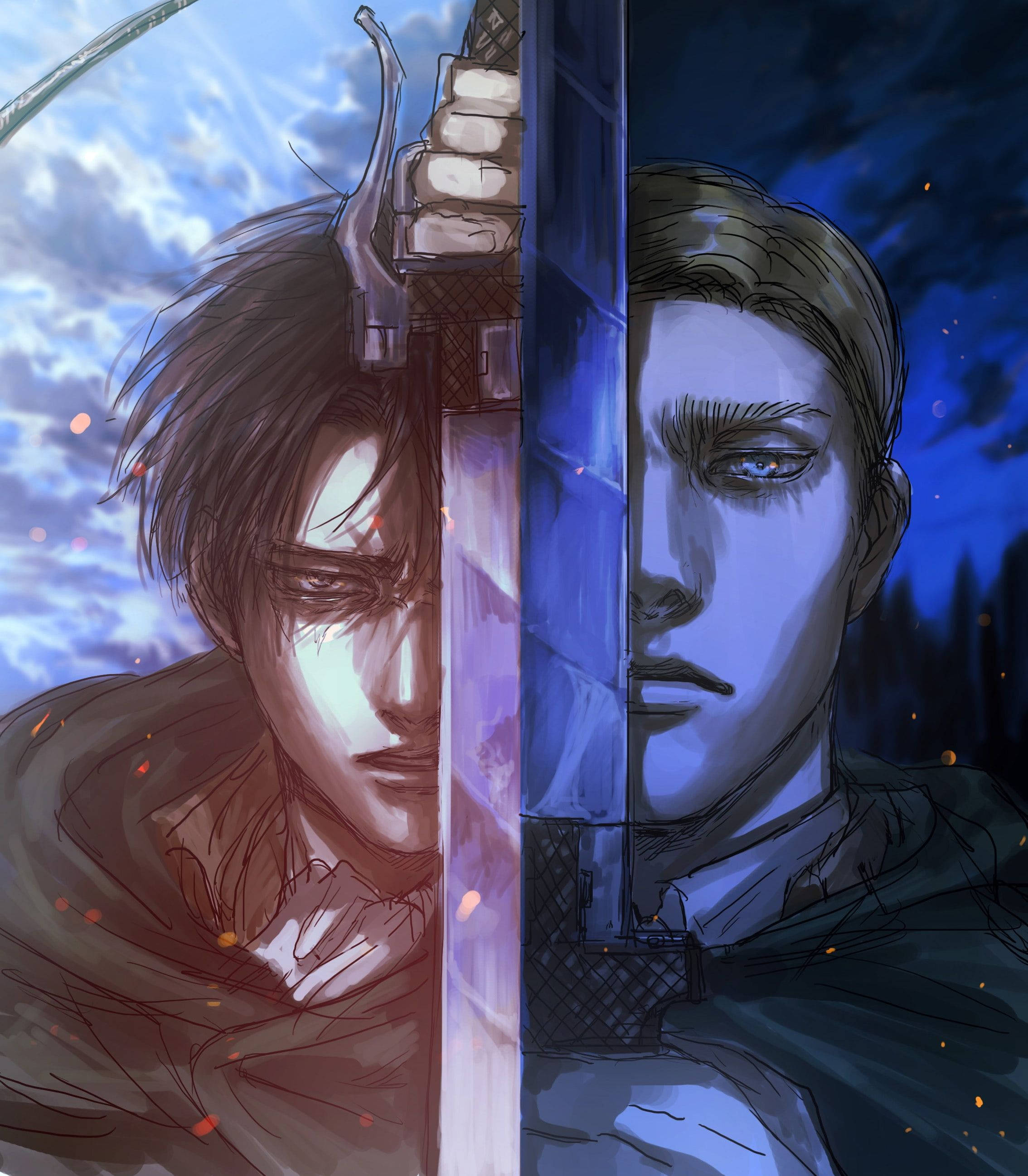 Levit Ackerman 與 Erwin Smith 聯手作戰 壁紙 — 兩位動漫戰士在對比天空色調下，隔著發光的劍刃對峙。
