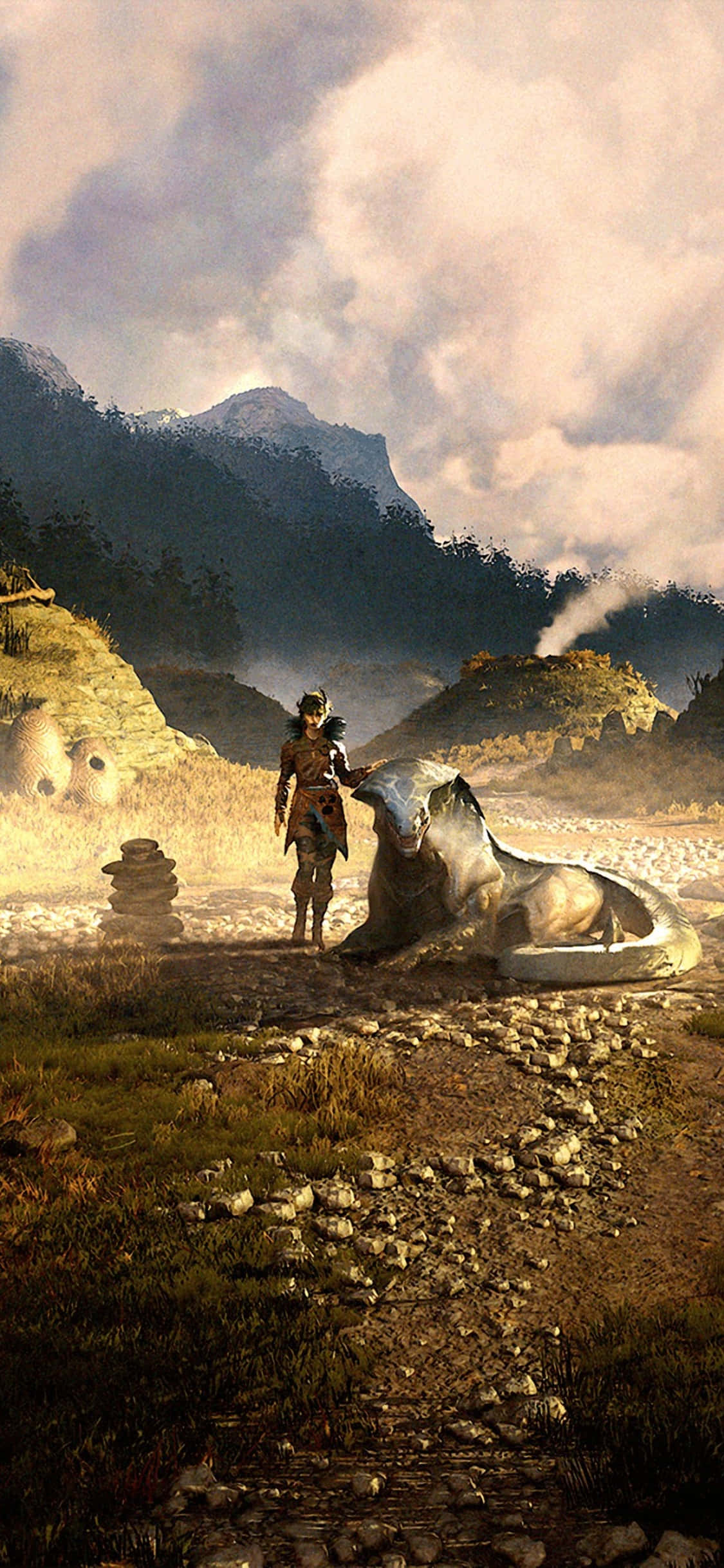 Lewolan iPhone X《Greedfall》背景 壁紙 — 一位孤獨的戰士站在一匹倒下的白馬旁邊，身處迷霧籠罩的山谷，四周有古老的石頭廢墟。