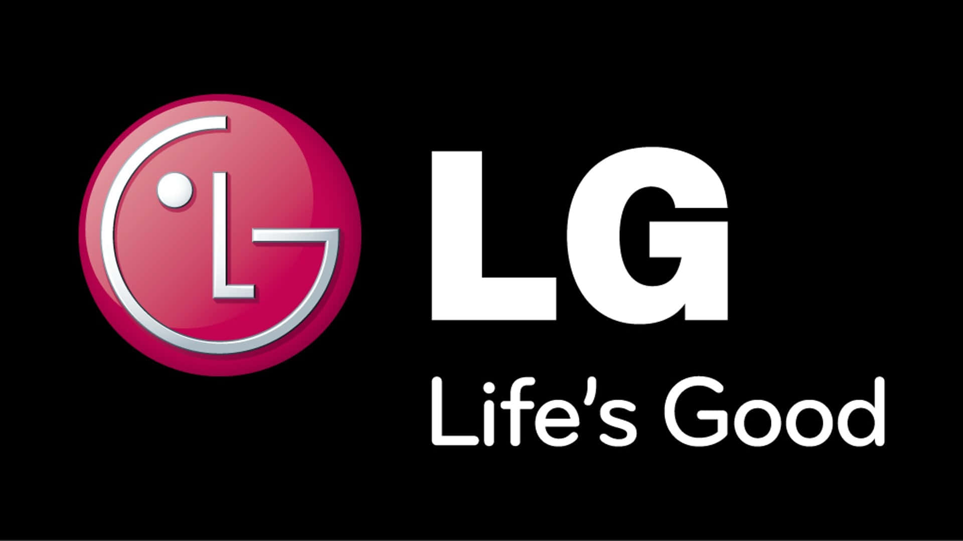  壁紙 — LG 標誌，帶有粉紅色圓形標誌和黑色背景上的白色文字。