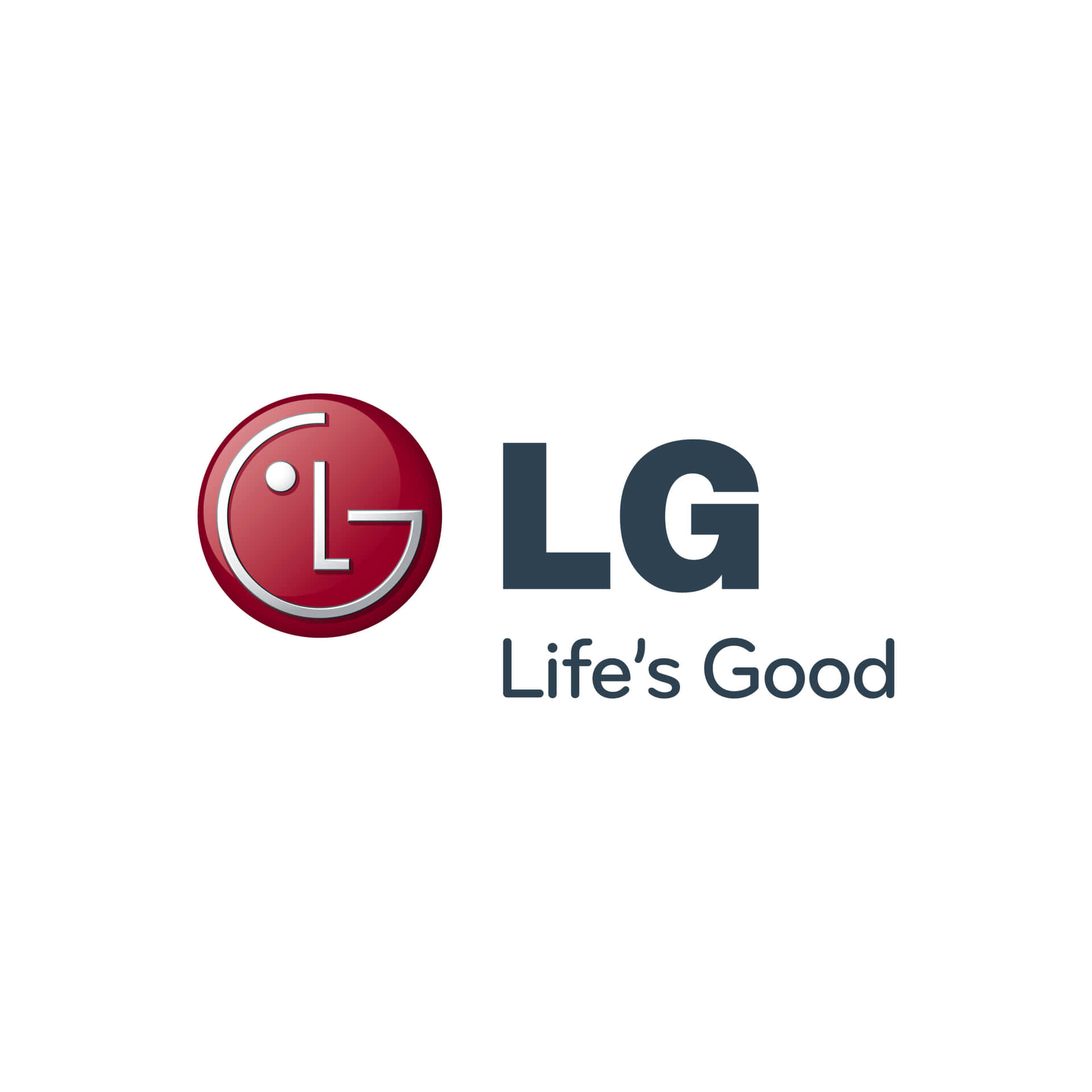  壁紙 — LG 標誌，帶有紅色圓形徽章和標語 Life's Good，位於純白色背景上。