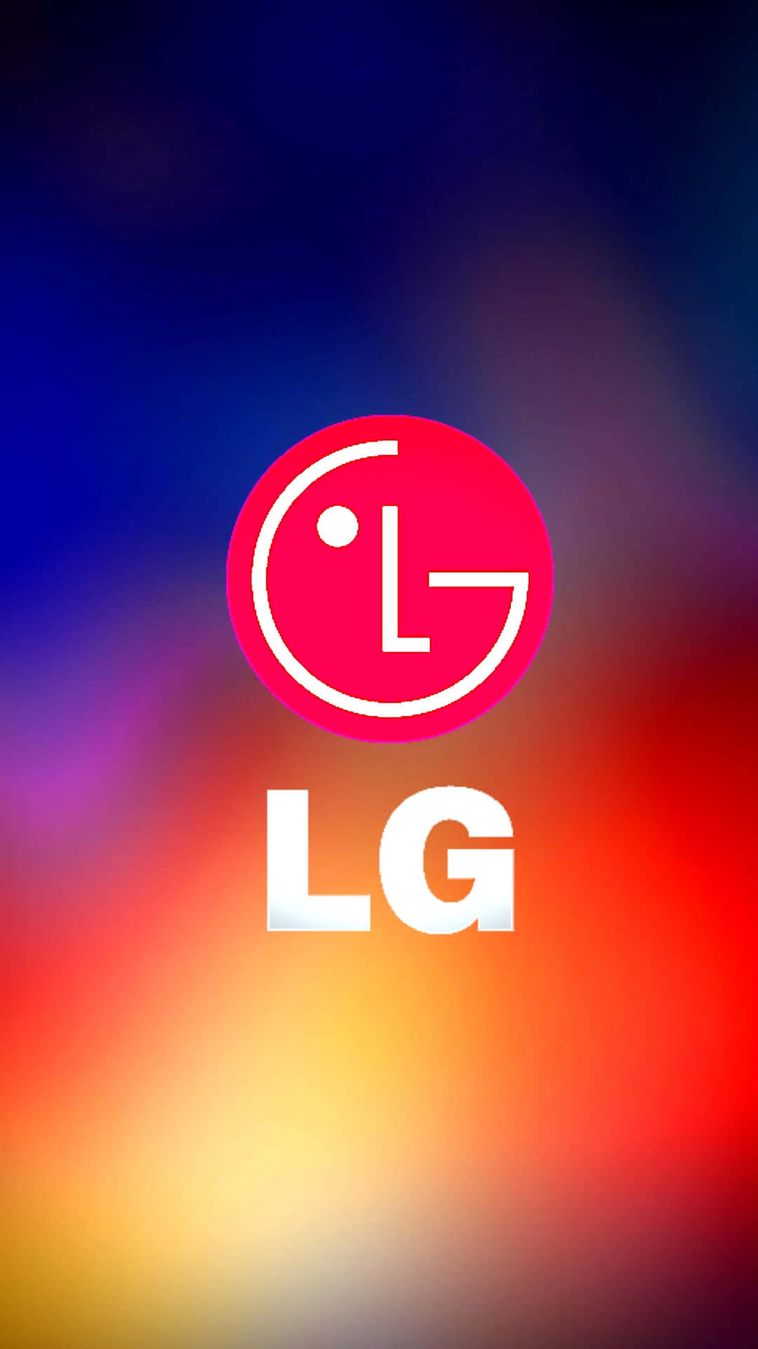  壁紙 — LG標誌以白色和粉紅色居中，背景為混合藍色、紫色、橙色和紅色的鮮豔漸變色。