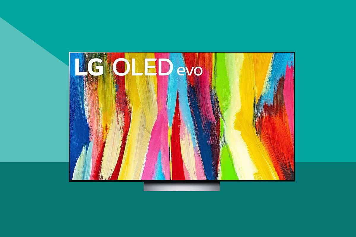 LG OLED Evo 圖 壁紙 — 時尚的LG OLED evo電視在青綠色幾何背景上顯示鮮豔的抽象筆觸。