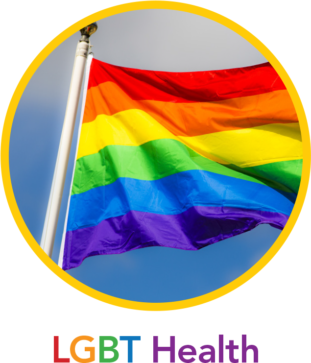 LGBT健康彩虹旗 壁紙 — 一面鮮豔的彩虹旗在晴朗的藍天下自豪地飄揚，並由一個大膽的黃色圓圈框住。