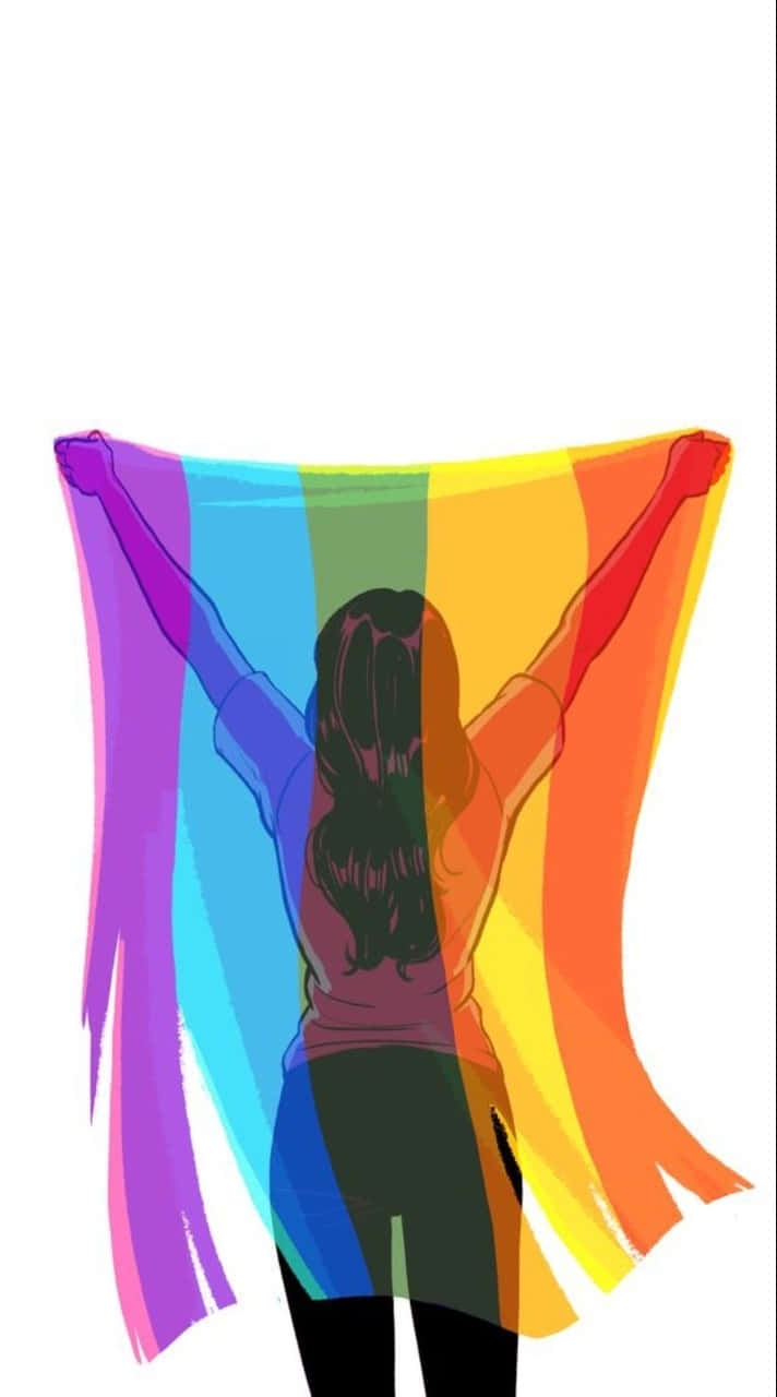 LGBT動漫旗幟 壁紙 — 一個人舉起雙臂，在純白背景前揮舞著鮮豔的彩虹旗，這是一幅大膽的數位插圖。