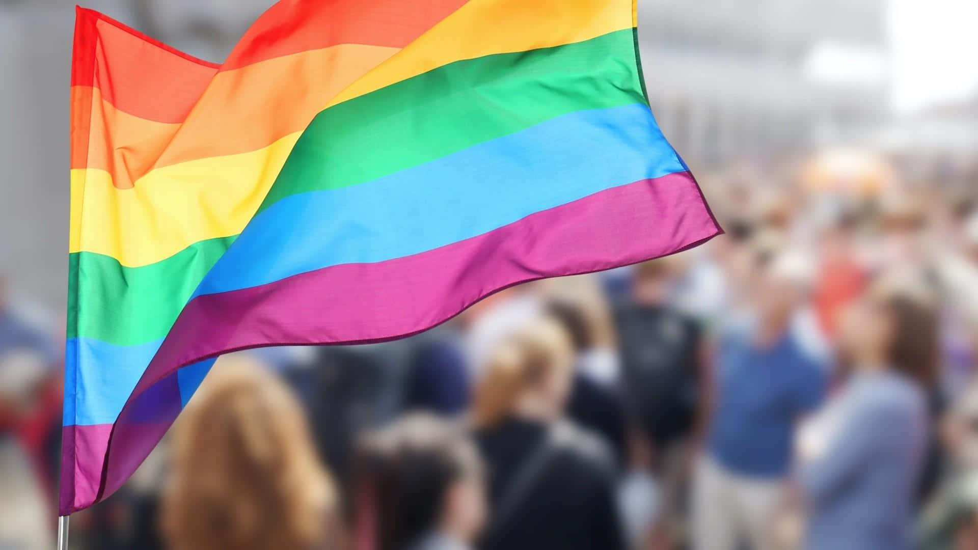 慶祝驕傲與LGBT彩虹旗 壁紙 — 一面鮮豔的彩虹旗在模糊的人群前自豪地飄揚，於熱鬧的戶外聚會中。