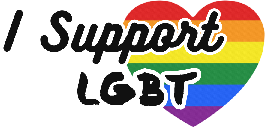 支持LGBT的心形圖案 壁紙 — 粗體黑色文字在鮮豔的彩虹心形內宣告對LGBT的支持，背景為鮮明的黑色。
