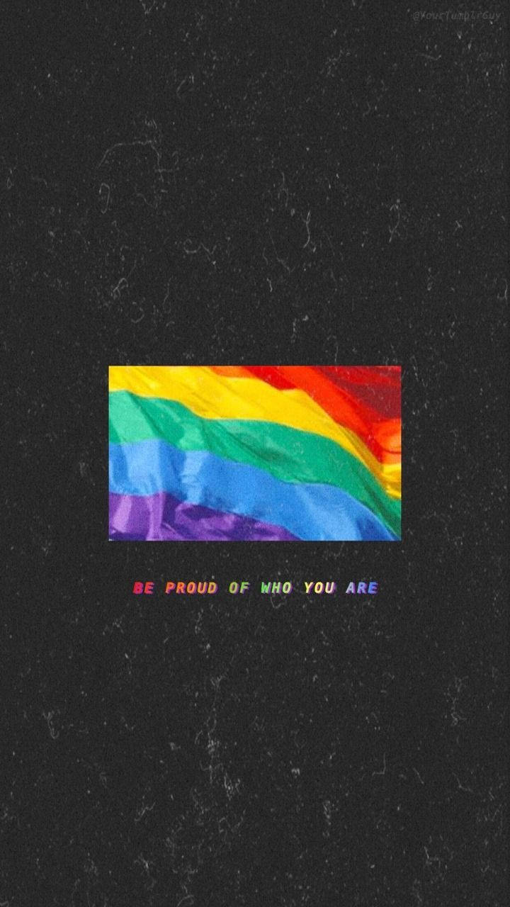 展現驕傲——慶祝LGBT美學 壁紙 — 一面鮮豔的彩虹旗在帶有紋理的黑色背景上飄揚，並以彩色字母寫著「為自己感到驕傲」。