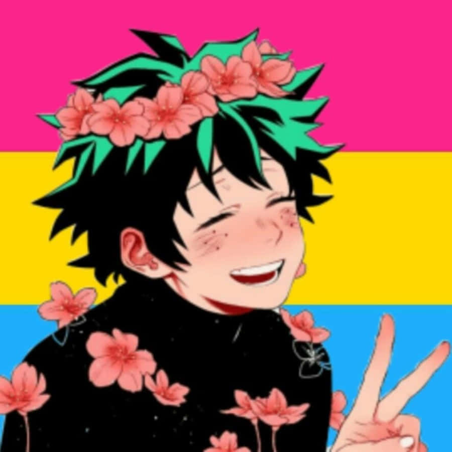 LGBT動畫角色：我的英雄學院主角綠谷出久 壁紙 — 動漫角色，綠色尖刺頭髮，戴著粉紅色花冠，在充滿活力的粉紅、黃、藍條紋背景前歡笑。