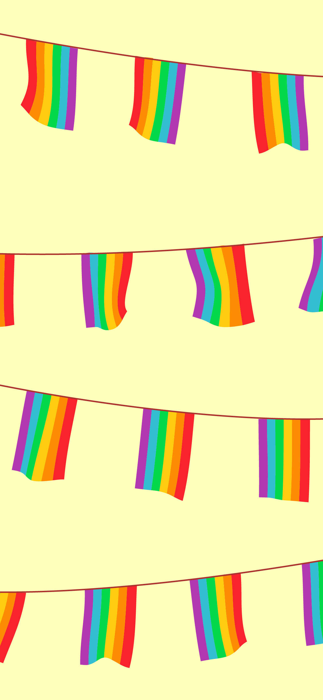 LGBT驕傲嘉年華旗幟 壁紙 — 鮮豔的彩虹旗在柔和的黃色背景上歡快地排成一排。