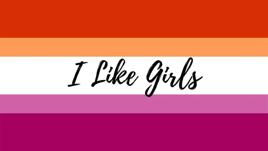 一面彩色旗幟，以黑色草書顯示文字 I Like Girls。