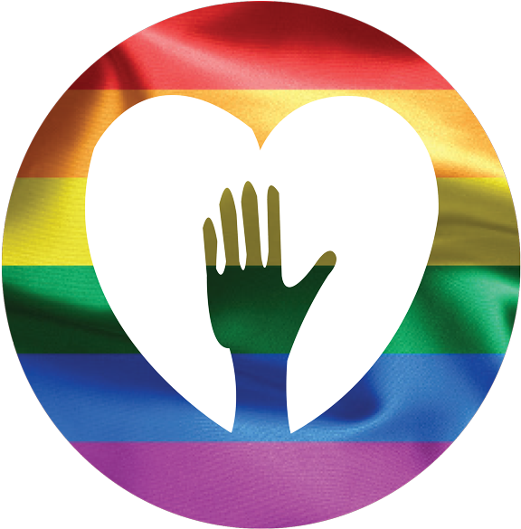 LGBTQ彩虹心形剪影 壁紙 — 一個黑色心形剪影，內有一隻手，置於帶有布料紋理的圓形彩虹旗上。