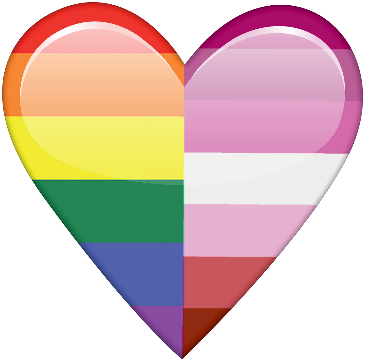 LGBTQ心形驕傲旗幟 壁紙 — 一個閃亮的心形垂直分割，左邊是彩虹驕傲旗，右邊是粉紅白粉紅跨性別旗。
