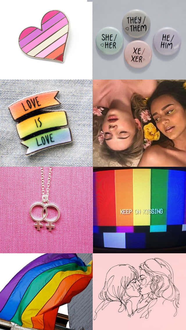 LGBTQ+ 驕傲象徵，包括心形別針、性別徽章、love 別針、交織符號、彩虹旗和接吻情侶。
