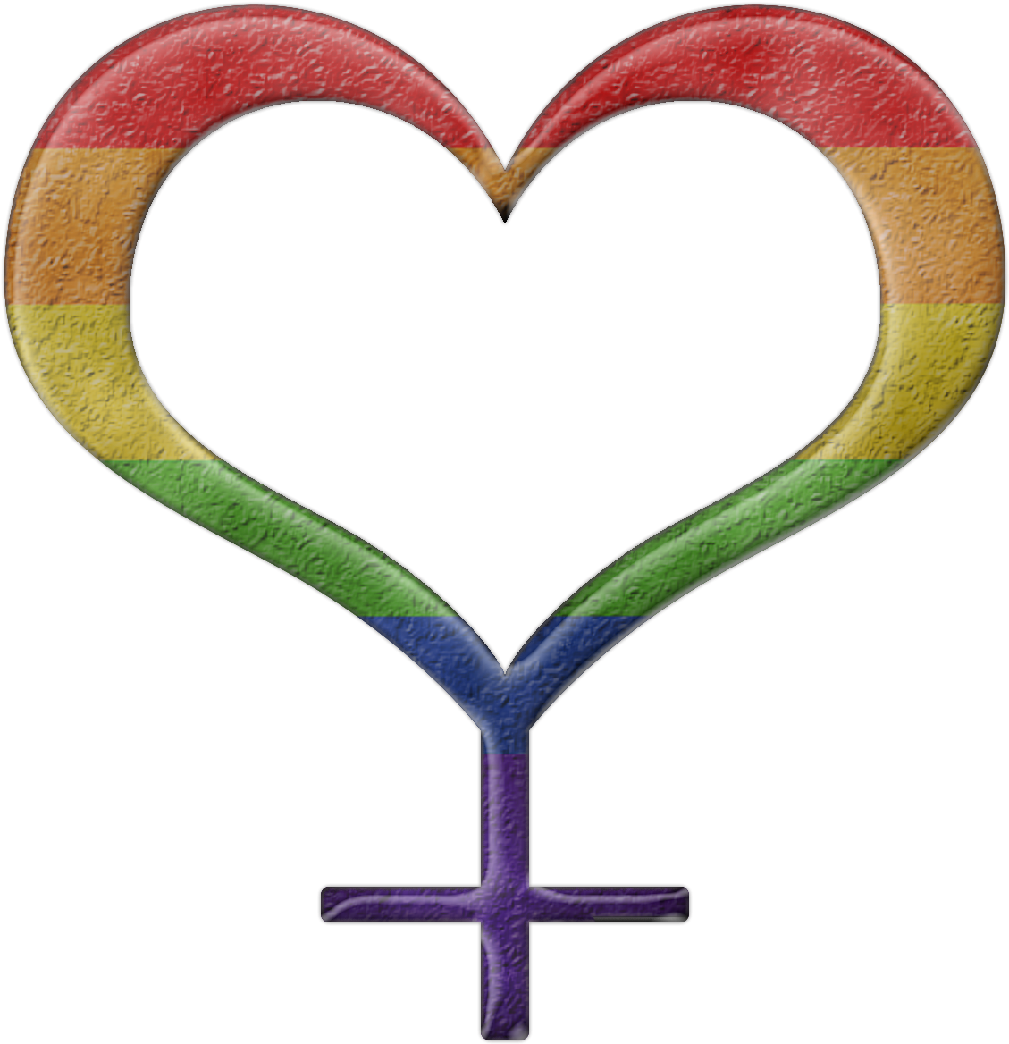 LGBTQ女同性戀心形符號 壁紙 — 一個紋理心形符號，帶有彩虹條紋和底部女性性別標誌，背景為黑色。