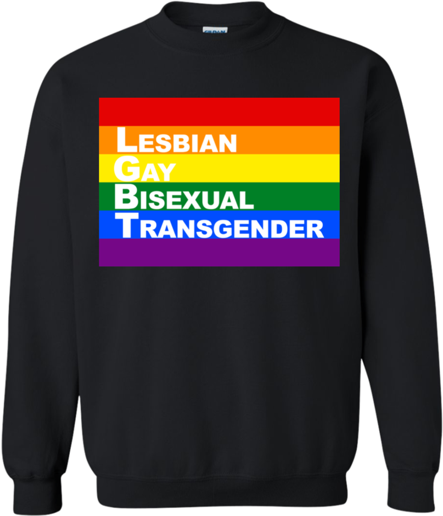 LGBTQ 雨虹色衛衣 壁紙 — 黑色衛衣展示大膽的彩虹旗，上面有白色文字列出LGBTQ+身份，背景為純黑色。