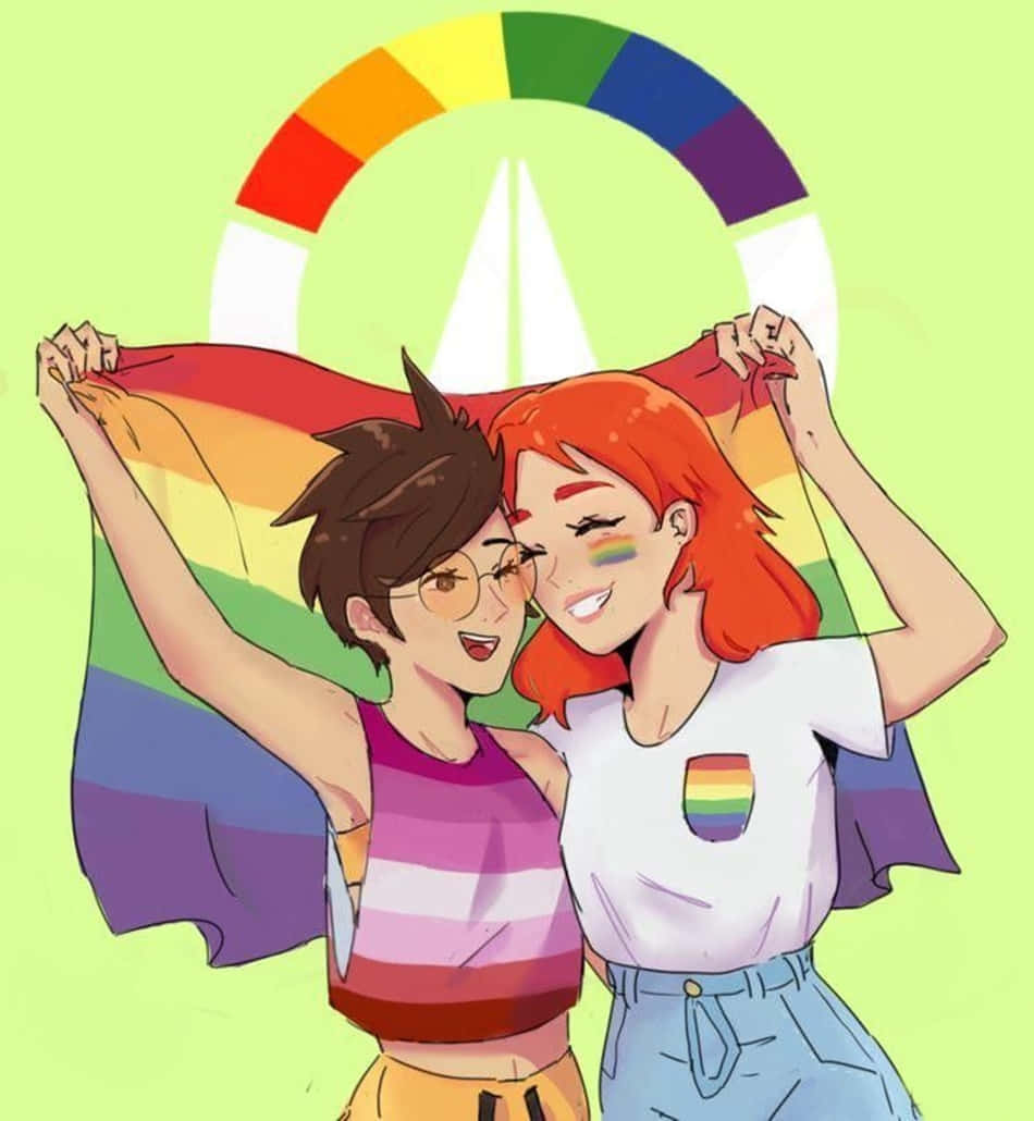 LGBT動漫女孩 壁紙 — 兩個歡樂的動漫角色在色輪背景下自豪地揮舞彩虹旗擁抱。