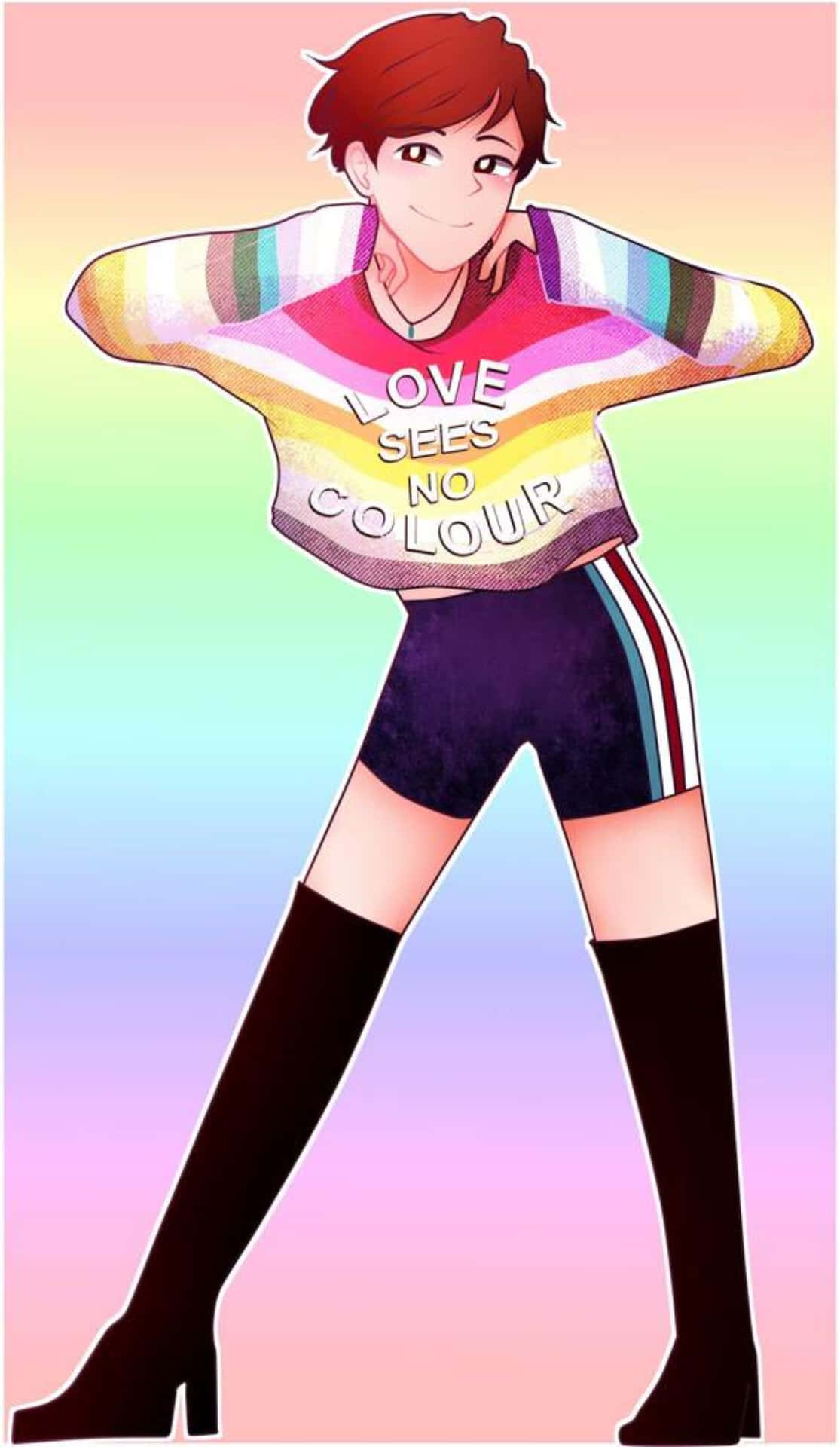 LGBT動漫女孩 壁紙 — 一個穿著彩虹毛衣、上面寫著「LOVE SEES NO COLOUR」的開朗動漫女孩，在粉彩漸變背景前自信地擺姿勢。