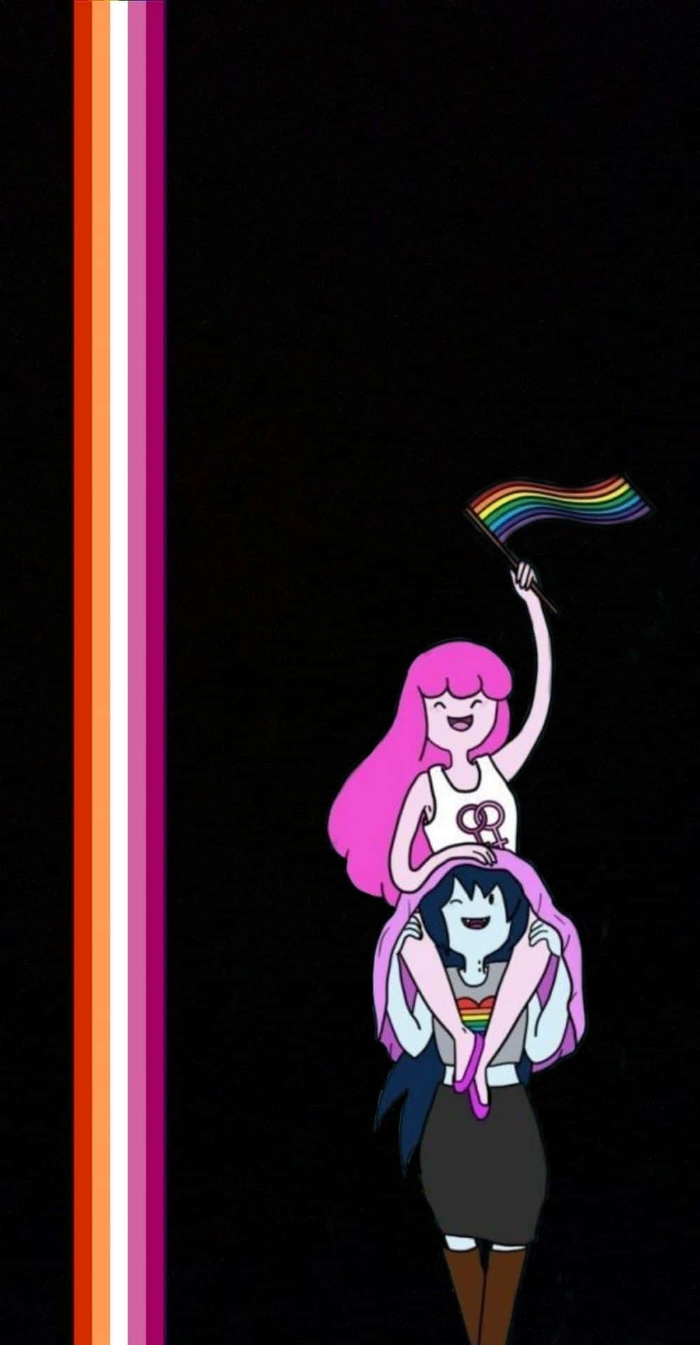 LGBT動漫旗幟 壁紙 — 一個粉紅色頭髮的開心動漫女孩，在黑色背景帶有垂直彩虹條紋上，騎在一個深色頭髮女孩的背上。