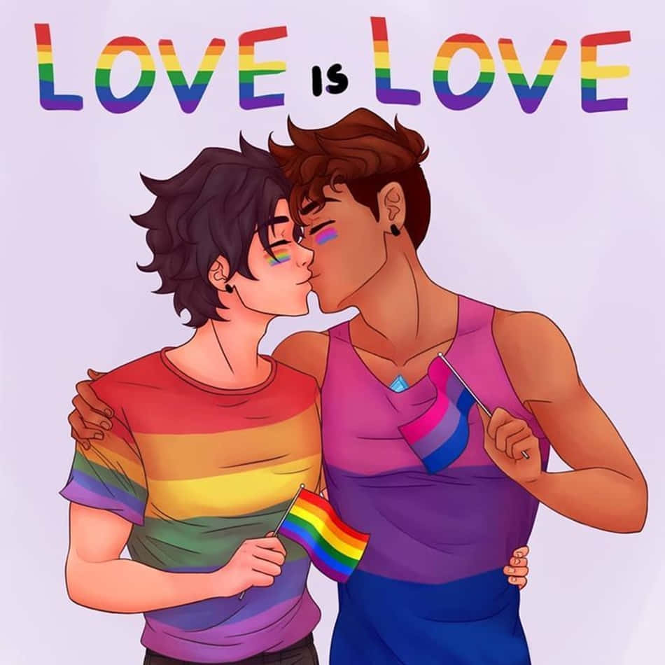 LGBT動漫男同性戀男孩 壁紙 — 兩個動畫男子穿著彩虹服飾，在粗體「LOVE IS LOVE」文字下接吻，手持驕傲旗幟。