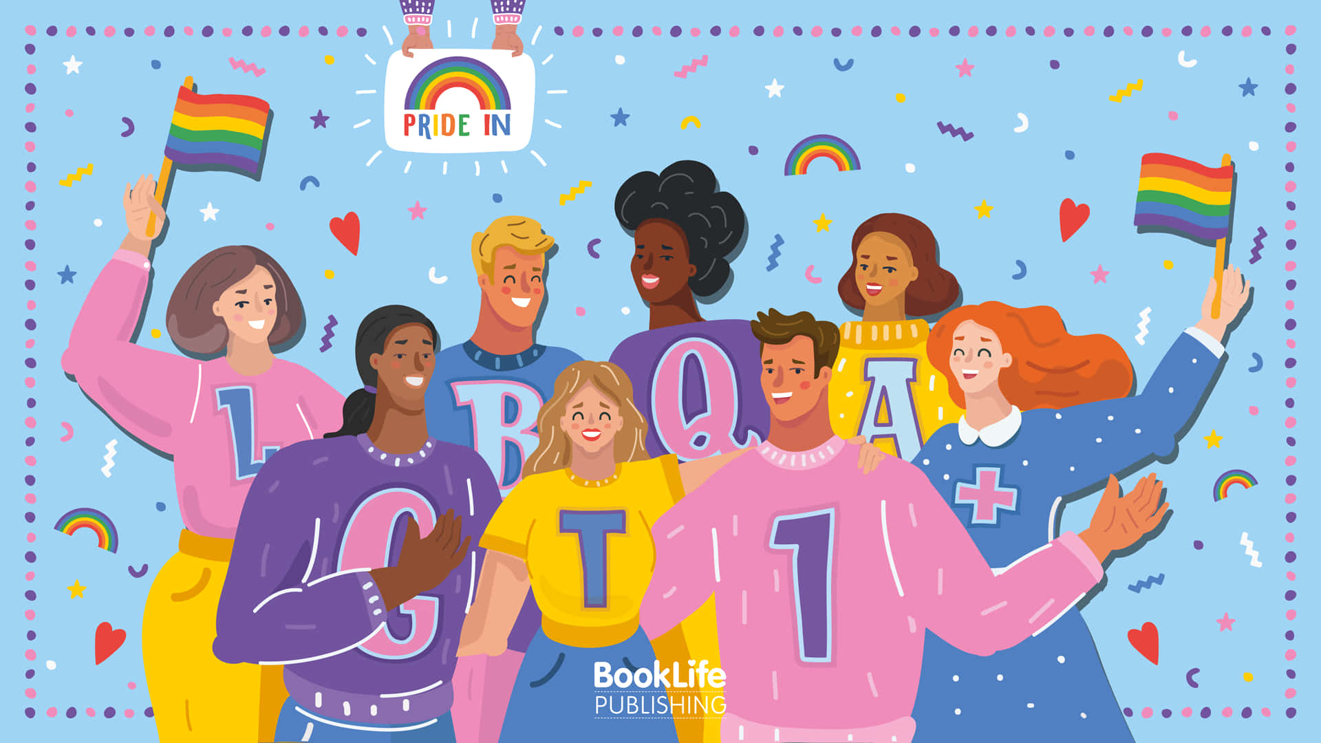 LGBT成員驕傲桌面 壁紙 — 一群穿著色彩繽紛LGBTQ+驕傲毛衣的不同人士，在明亮的藍色背景前，揮舞彩虹旗和五彩紙屑慶祝。