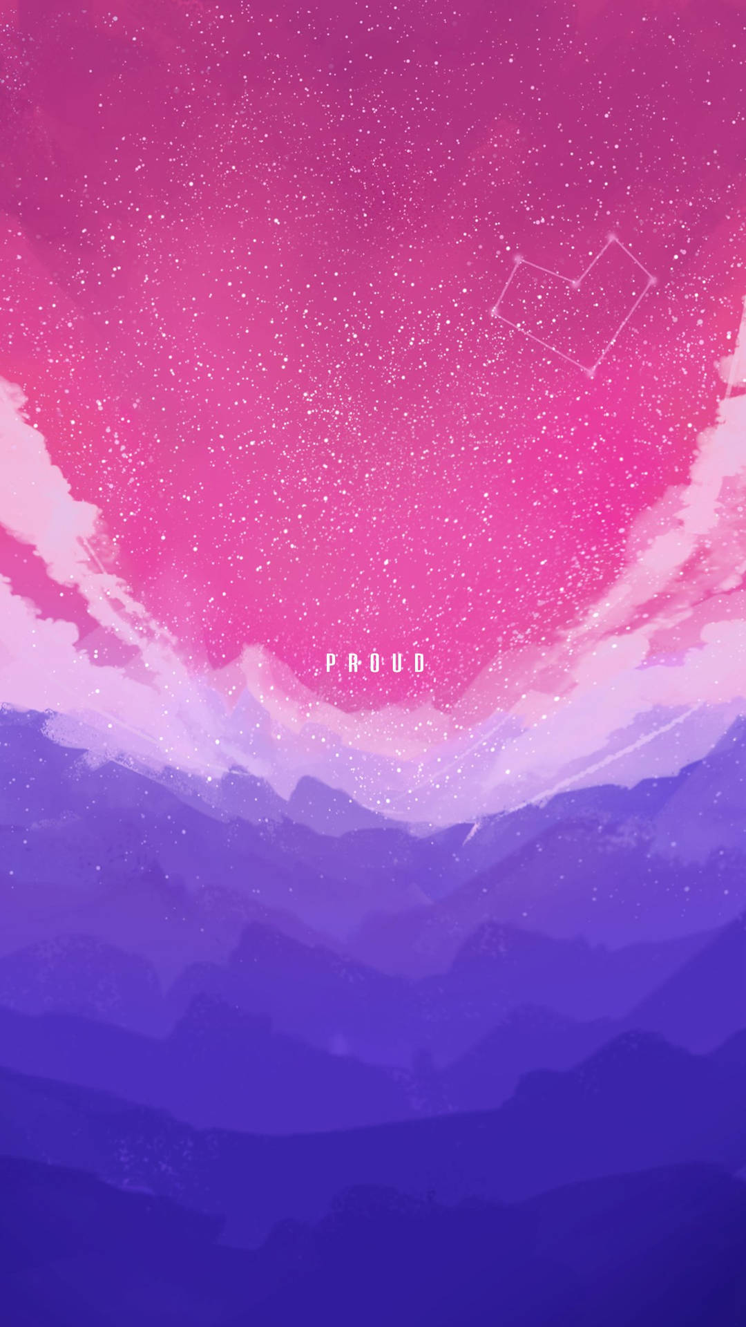 星空下粉紅和紫色的山脈，帶有星座和 proud 字樣。