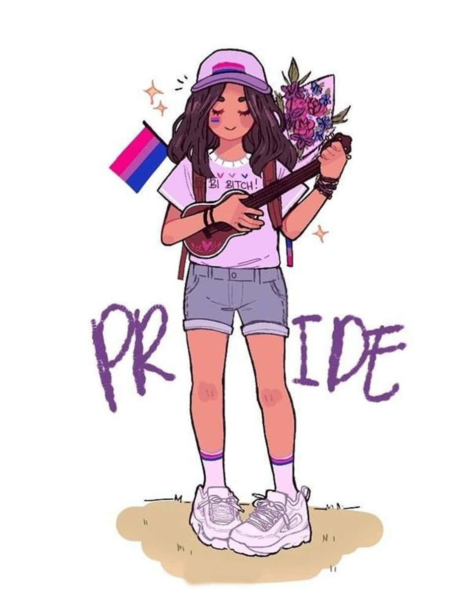 LGBT驕傲動漫 壁紙 — 一個快樂的插圖女孩，長長的黑髮，在紫色天空下彈奏烏克麗麗，同時拿著雙性戀旗幟和花束。