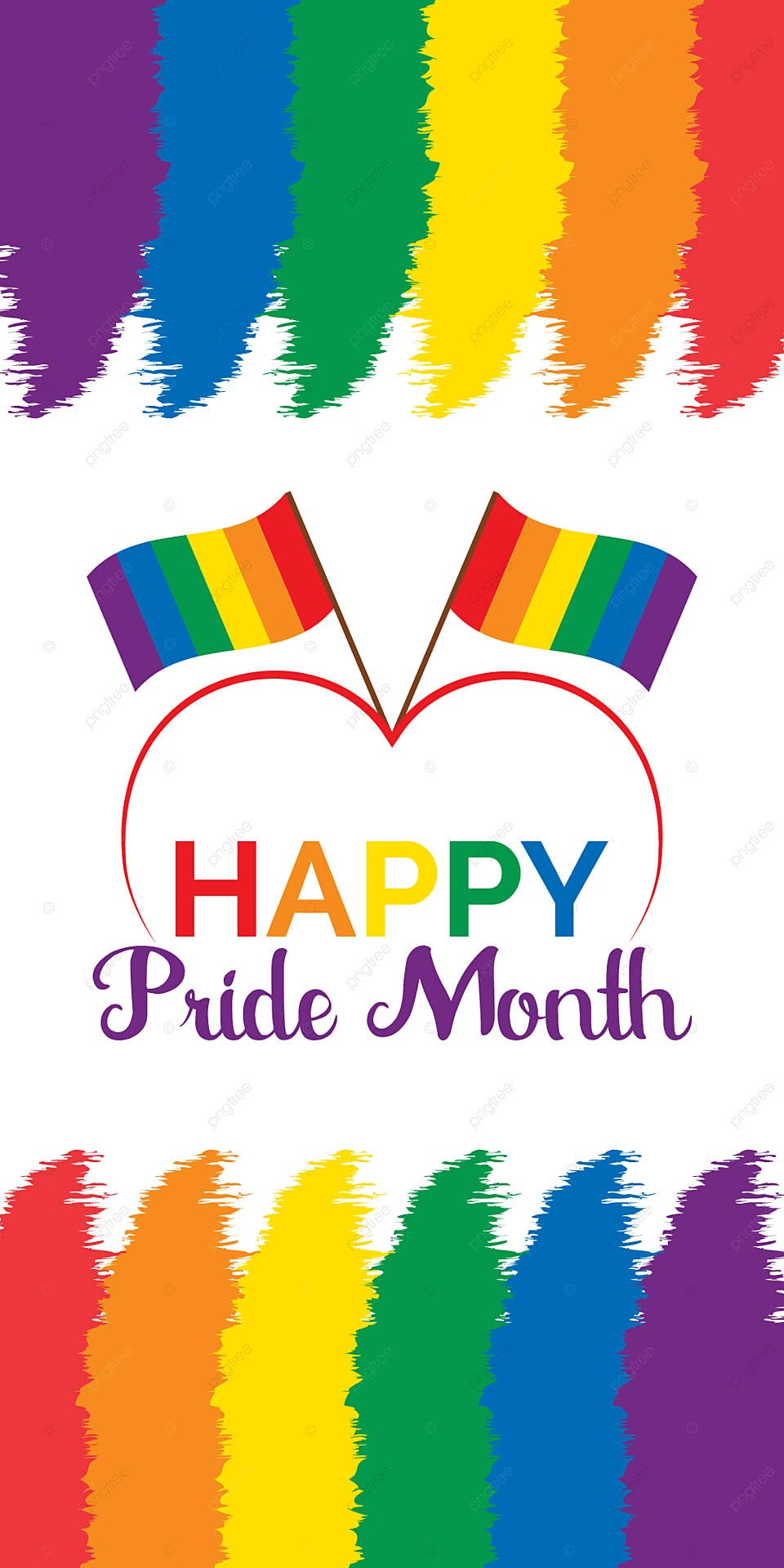 彩虹筆觸框住形成心形的驕傲旗幟，帶有「Happy Pride Month」文字。