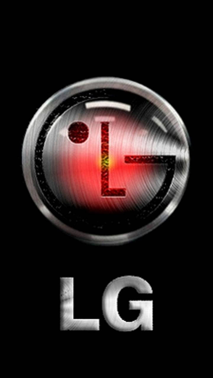 LG手機黑色標誌 壁紙 — 發光的紅色和銀色LG標誌，帶有拉絲金屬紋理，居中在黑色背景上。