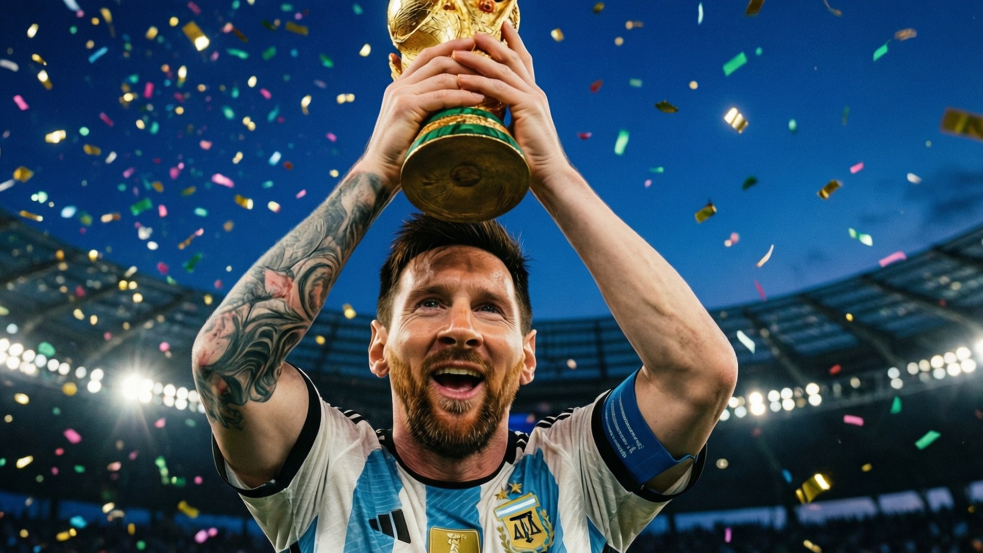 Messi Art 桌布 壁紙 — 利昂內爾·美斯在夜間球場中，在彩色紙屑如雨般落下時，勝利地將世界盃獎盃高舉過頭。