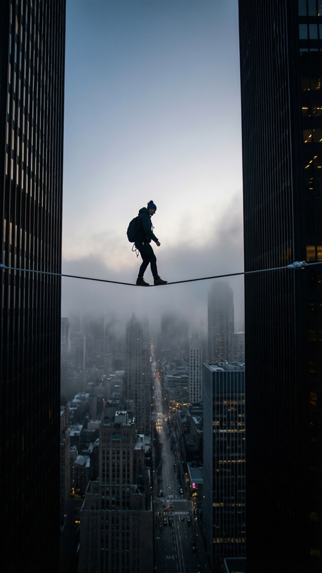 Tightrope Walk 壁紙 — 黎明時分，一個孤獨的身影在霧氣籠罩的城市天際線上，行走在懸掛於高聳摩天大樓之間的鋼索上。
